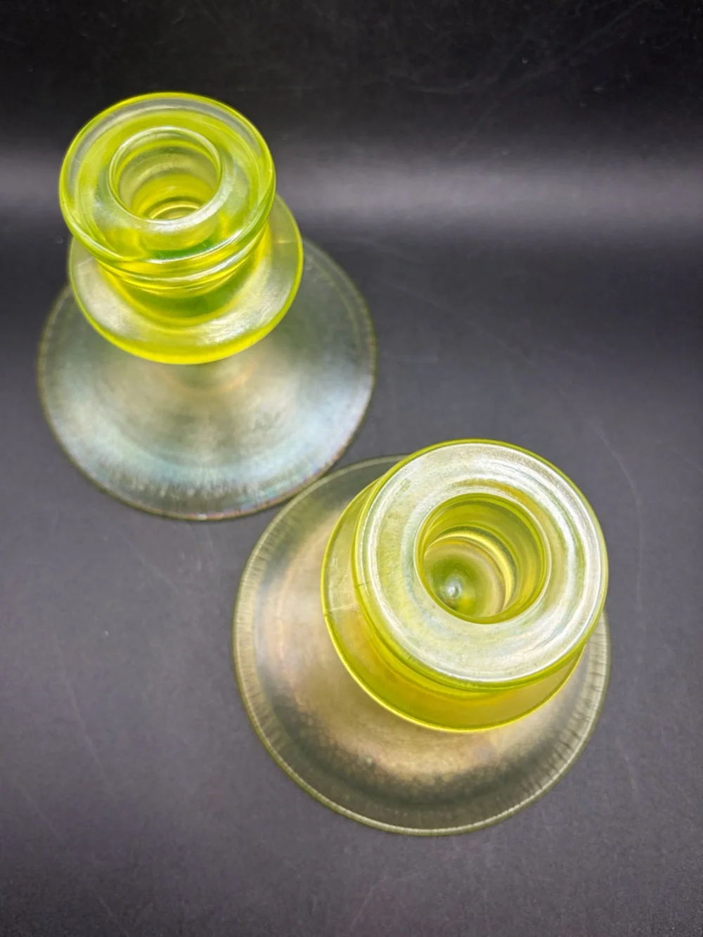 Vintage Vaseline Onion Skin Stretch Glass Uranium Candlesticks Candle Holders